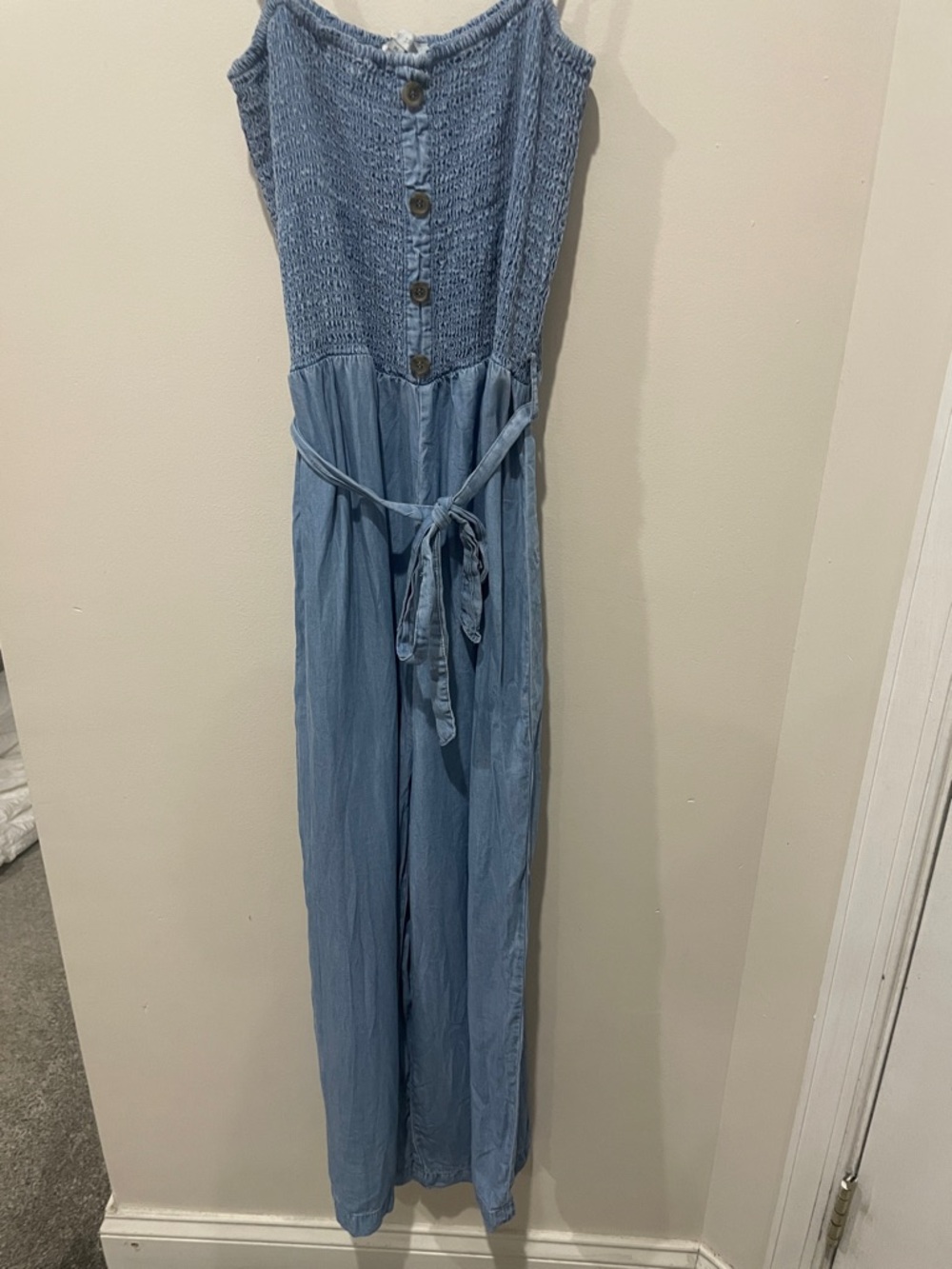 Light Blue Smocked Button-Front Jumpsuit with Waist Tie